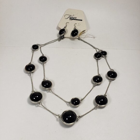 Polished Layered Silver tone & Black Beaded Necklace - Matching Earrings - Women - Picture 8 of 8